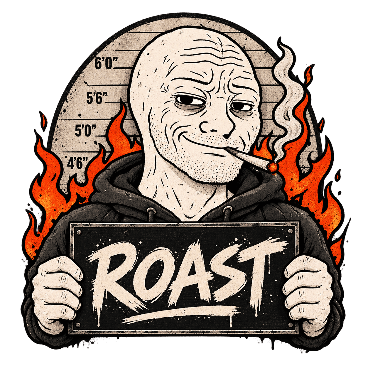 Roast mascot holding a ROAST sign amid flames